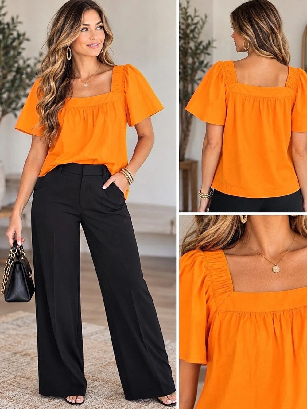 LOFT Square Neck Puff Sleeve Top Orange Size Medium